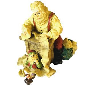 Santa and Elf Vintage Figurine Stocking Hanger 6" Toys Checking Christmas List